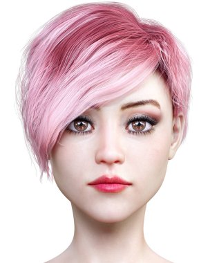 Kahverengi gözlü ve kırmızı dudaklı güzel genç kız portresi. Yumuşak bir cilt. Pembe shot saç. Parlak makyaj. Gerçekçi 3d render illüstrasyon. Yalıt. Yüksek tuş fotoğrafı.
