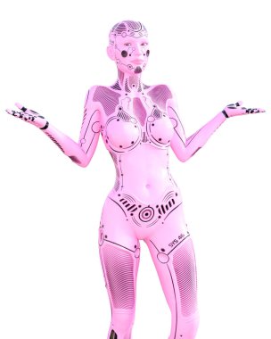 Dans jimnastikçi robot kadın. Metal pembe droid. Yapay Zeka.Kavramsal moda sanatı. Gerçekçi 3d render illüstrasyon. Stüdyo, izole, yüksek anahtar.