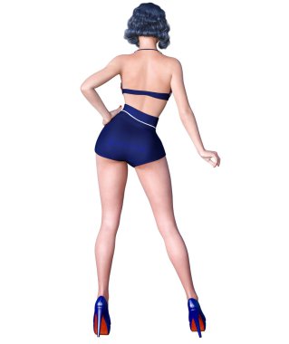 3D güzel genç çekici PIN kız vintage kadar. Şort ve sutyen. Kadın stüdyo fotoğrafçılığı. Yüksek topuk. Kavramsal moda sanat. Baştan çıkarıcı samimi poz. Gerçekçi render. Yaz koleksiyonu giysileri