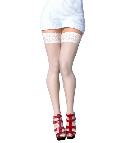 Beautiful Long Slender Sexy Female Legs Short White Skirt Stockings — Stock Photo, Image