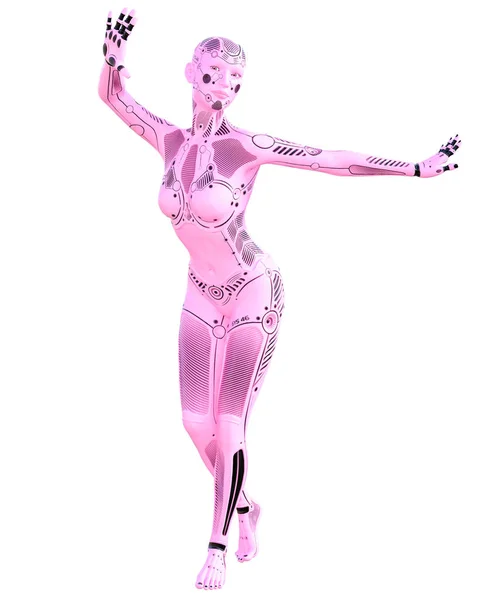 舞蹈体操运动员机器人妇女 金属粉红色机器人 人工智能 概念时尚艺术 逼真的 渲染插图 工作室 — 图库照片