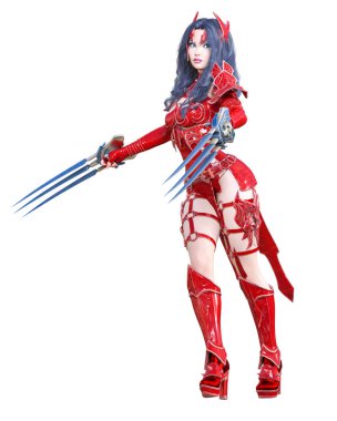 Savaşçı amazon kadın kılıç ve metal bıçak. Uzun koyu saçlı. Elf savaşçısı.Komik kahraman. Kaslı atletik vücut. Kız agresif poz ayakta. Kavramsal moda art.3d render izole illüstrasyon