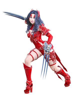 Savaşçı amazon kadın kılıç ve metal bıçak. Uzun koyu saçlı. Elf savaşçısı.Komik kahraman. Kaslı atletik vücut. Kız agresif poz ayakta. Kavramsal moda art.3d render izole illüstrasyon