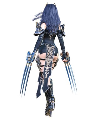 Savaşçı amazon kadın kılıç ve metal bıçak. Uzun koyu saçlı. Elf savaşçısı.Komik kahraman. Kaslı atletik vücut. Kız agresif poz ayakta. Kavramsal moda art.3d render izole illüstrasyon