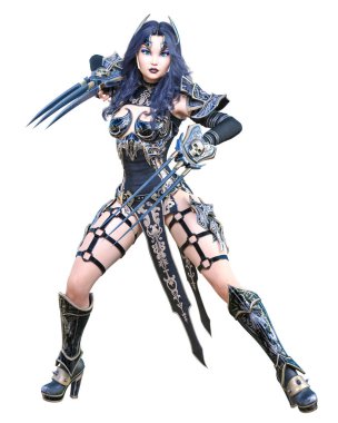 Savaşçı amazon kadın kılıç ve metal bıçak. Uzun koyu saçlı. Elf savaşçısı.Komik kahraman. Kaslı atletik vücut. Kız agresif poz ayakta. Kavramsal moda art.3d render izole illüstrasyon