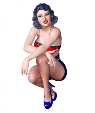 3D güzel genç çekici PIN kız vintage kadar. Şort ve sutyen. Kadın stüdyo fotoğrafçılığı. Yüksek topuk. Kavramsal moda sanat. Baştan çıkarıcı samimi poz. Gerçekçi render. Yaz koleksiyonu giysileri