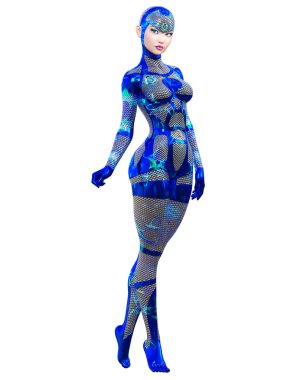 Sayborg robot kadın, fütüristik metalik neon elbise. Müsrif moda sanatı. Açık sözlü, provakatif bir poz veren kız..