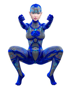 Sayborg robot kadın, fütüristik metalik neon elbise. Müsrif moda sanatı. Açık sözlü, provakatif bir poz veren kız..