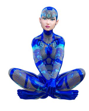 Sayborg robot kadın, fütüristik metalik neon elbise. Müsrif moda sanatı. Açık sözlü, provakatif bir poz veren kız..