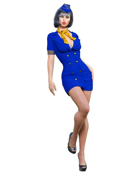 스튜어디스 Air 안주인 소녀입니다 파란색 유니폼 드레스 스타킹 매혹적인 솔직한 — 스톡 사진