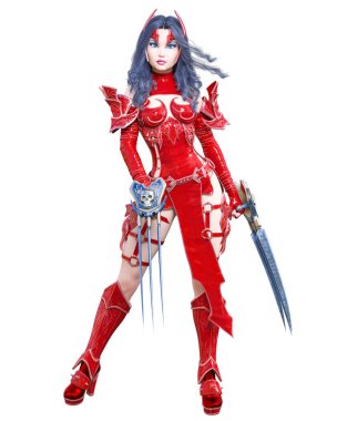 Savaşçı amazon kadın kılıç ve metal bıçak. Uzun koyu saçlı. Elf savaşçısı.Komik kahraman. Kaslı atletik vücut. Kız agresif poz ayakta. Kavramsal moda art.3d render izole illüstrasyon