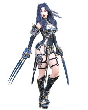 Savaşçı amazon kadın kılıç ve metal bıçak. Uzun koyu saçlı. Elf savaşçısı.Komik kahraman. Kaslı atletik vücut. Kız agresif poz ayakta. Kavramsal moda art.3d render izole illüstrasyon