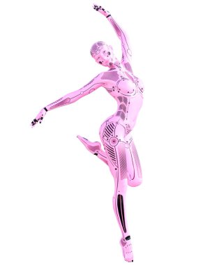 Dans jimnastikçi robot kadın. Metal pembe droid. Yapay Zeka.Kavramsal moda sanatı. Gerçekçi 3d render illüstrasyon. Stüdyo, izole, yüksek anahtar.