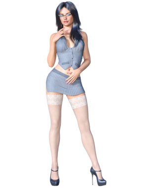 Uzun saçlı seksi esmer sekreter üniforma beyaz çorap. Kısa mini etek çizgili ceket. Güzel kız gözlük cinsel müstehcen poz.3d render izole illüstrasyon.