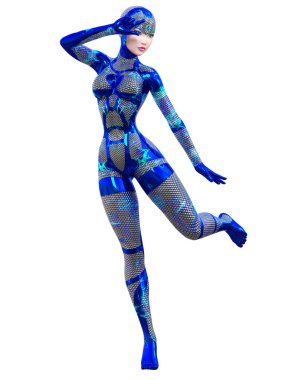 Sayborg robot kadın, fütüristik metalik neon elbise. Müsrif moda sanatı. Açık sözlü, provakatif bir poz veren kız..