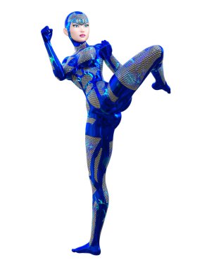 Sayborg robot kadın, fütüristik metalik neon elbise. Müsrif moda sanatı. Açık sözlü, provakatif bir poz veren kız..