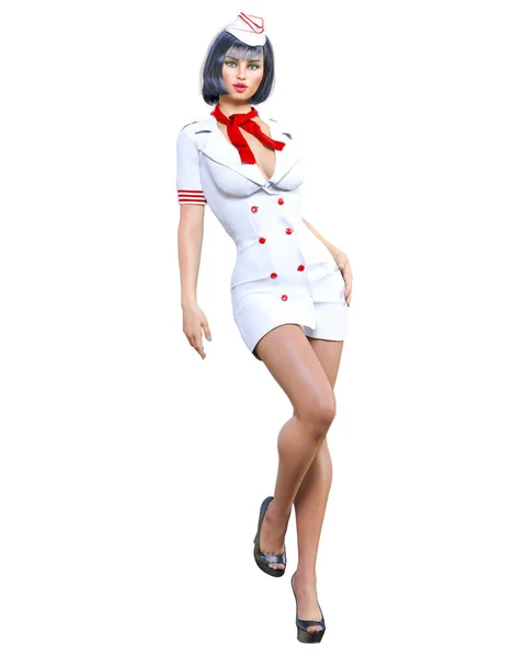 Linda Mulher Alta Stewardess Air Hostess Voo Girl Short Vestido — Fotografia de Stock