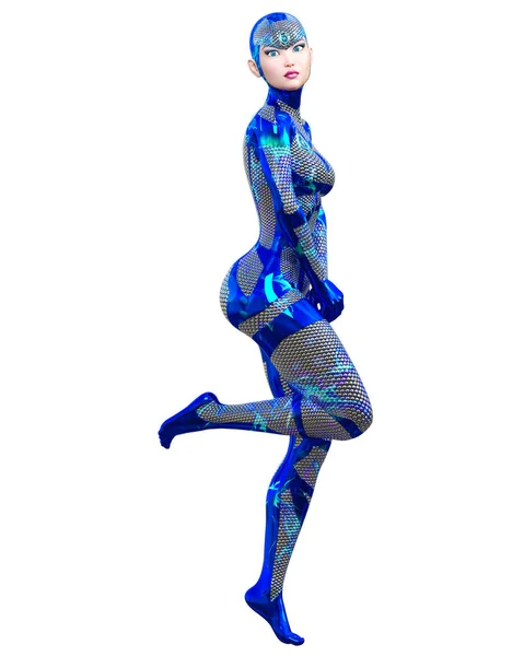 Cyborg Droid Robot Woman Futuristic Metallic Neon Suit Squama Armor — Fotografia de Stock