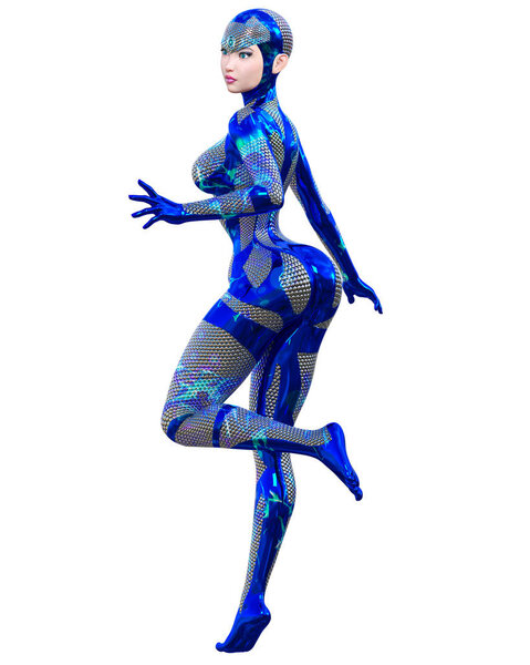 Женщина-робот киборг дроид футуристический метафизический неоновый чемоданчик Squama armor.Extravagant fashion art.Girl standing candid provocative pose.3D rendering isolate illustration.Comic hero.