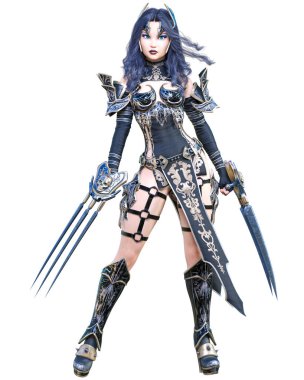 Savaşçı amazon kadın kılıç ve metal bıçak. Uzun koyu saçlı. Elf savaşçısı.Komik kahraman. Kaslı atletik vücut. Kız agresif poz ayakta. Kavramsal moda art.3d render izole illüstrasyon