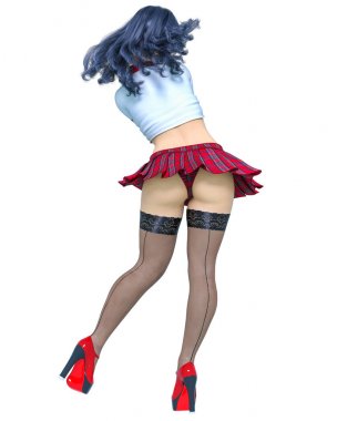 Güzel genç kadın poz fotoğraf çekimi. Kısa kırmızı etek kafesi, koyu çorap, kırmızı ayakkabı, beyaz bluz. Uzun saçlı. Okul seksi üniforması. Kavramsal moda sanatı. Gerçekçi 3d render illüstrasyon.