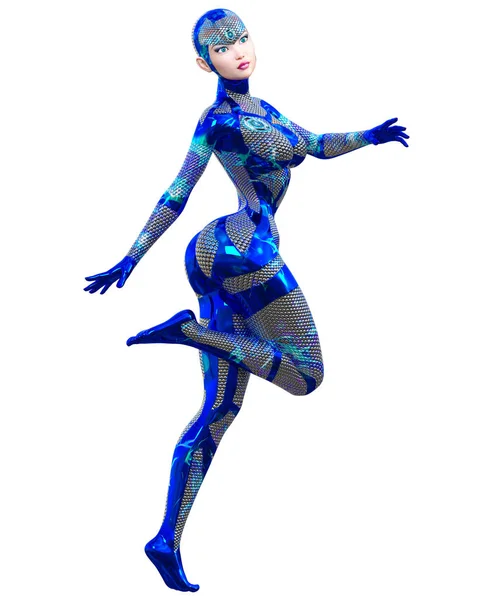 Cyborg Droid Roboter Frau Futuristische Metallische Neon Suit Squama Armor — Stockfoto