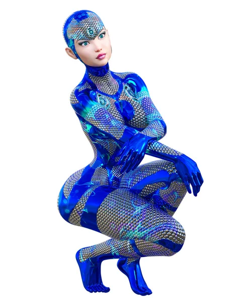 Cyborg Ρομπότ Γυναίκα Φουτουριστικό Μεταλλικό Νέον Κοστούμι Squama Armor Extravagant — Φωτογραφία Αρχείου