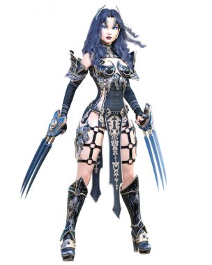 Savaşçı amazon kadın kılıç ve metal bıçak. Uzun koyu saçlı. Elf savaşçısı.Komik kahraman. Kaslı atletik vücut. Kız agresif poz ayakta. Kavramsal moda art.3d render izole illüstrasyon