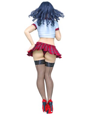 Güzel genç kadın poz fotoğraf çekimi. Kısa kırmızı etek kafesi, koyu çorap, kırmızı ayakkabı, beyaz bluz. Uzun saçlı. Okul seksi üniforması. Kavramsal moda sanatı. Gerçekçi 3d render illüstrasyon.