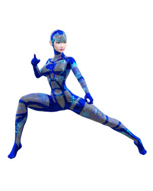 Sayborg robot kadın, fütüristik metalik neon elbise. Müsrif moda sanatı. Açık sözlü, provakatif bir poz veren kız..