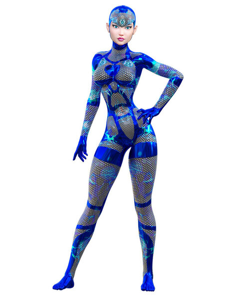 Женщина-робот киборг дроид футуристический метафизический неоновый чемоданчик Squama armor.Extravagant fashion art.Girl standing candid provocative pose.3D rendering isolate illustration.Comic hero.