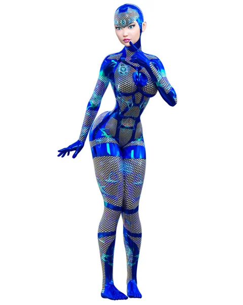 Cyborg Droïde Robot Femme Futuriste Métallique Néon Suit Squama Armor — Photo