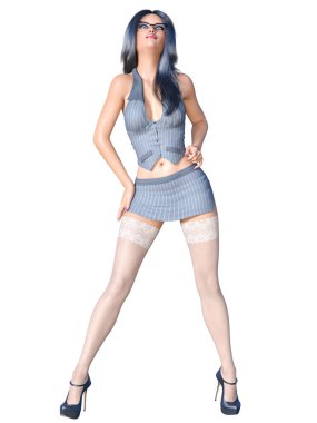 Uzun saçlı seksi esmer sekreter üniforma beyaz çorap. Kısa mini etek çizgili ceket. Güzel kız gözlük cinsel müstehcen poz.3d render izole illüstrasyon.