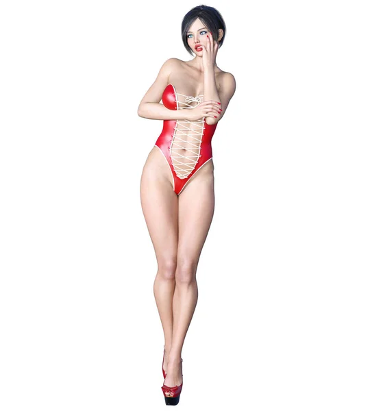 Tall sexy woman minimalist extravagant red sexy latex body suite.Corset, swimsuit.Conceptual fashion art.Summer clothing collection.Seductive candid pose.3D render illustration. Studio, high key.