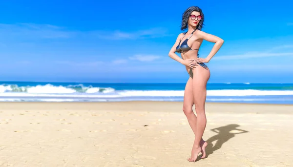 3D美しい日焼け女性水着ビキニシービーチ サングラスをかけた女の子夏の休息 青い海の背景 晴れた日コンセプチュアルファッションアート 魅惑的な率直なポーズ 3Dレンダーイラスト — ストック写真