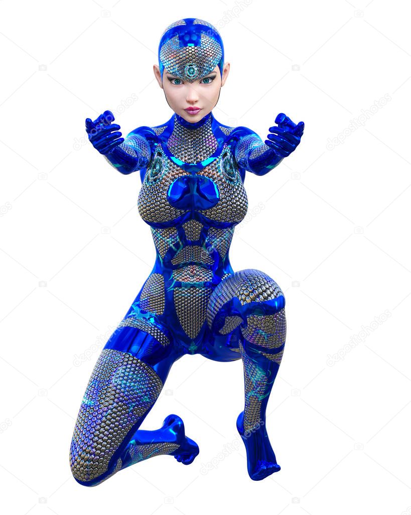 Cyborg droid robot woman futuristic metallic neon suit.Squama armor.Extravagant fashion art.Girl standing candid provocative pose.3D rendering isolate illustration.Comic hero.