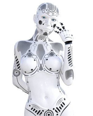 Robot kadın. Beyaz metal droid. Yapay zeka.