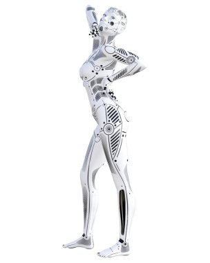 Robot kadın. Beyaz metal droid. Yapay zeka.