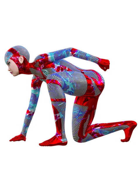 Cyborg Woman futuristic metallic neon suit. — Stock Photo, Image