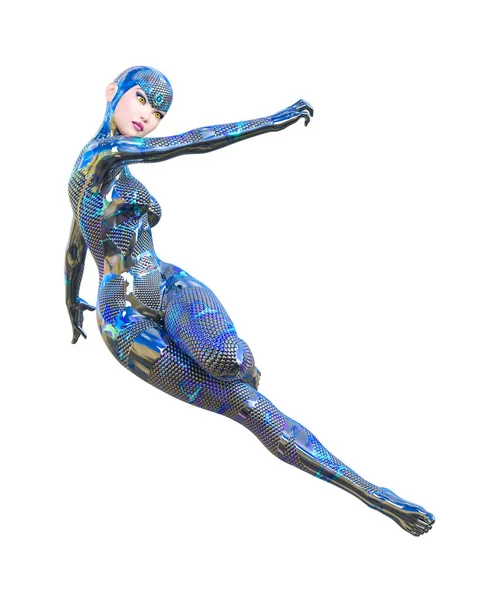 Cyborg Kadın fütüristik metalik neon takım elbise. — Stok fotoğraf