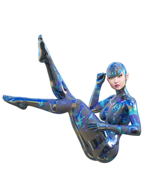 Cyborg vrouw futuristische metallic Neon pak. — Stockfoto