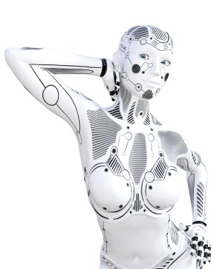Robot kadın. Beyaz metal droid. Yapay zeka.