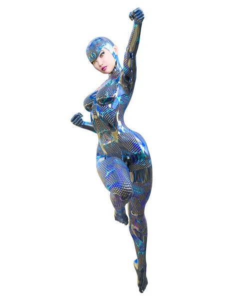 Cyborg Frau futuristischer metallischer Neon-Anzug. — Stockfoto