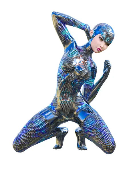 Cyborg Kadın fütüristik metalik neon takım elbise.