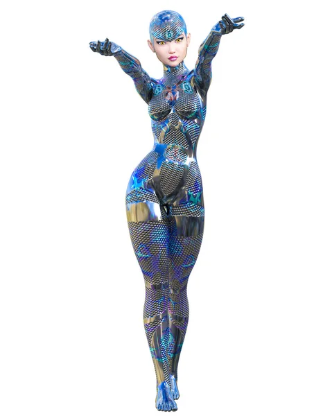 Ciborgue mulher futurista néon metálico terno . — Fotografia de Stock