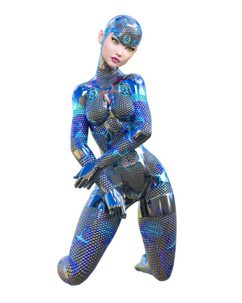Футуристический металлический неоновый костюм женщины-киборга
.