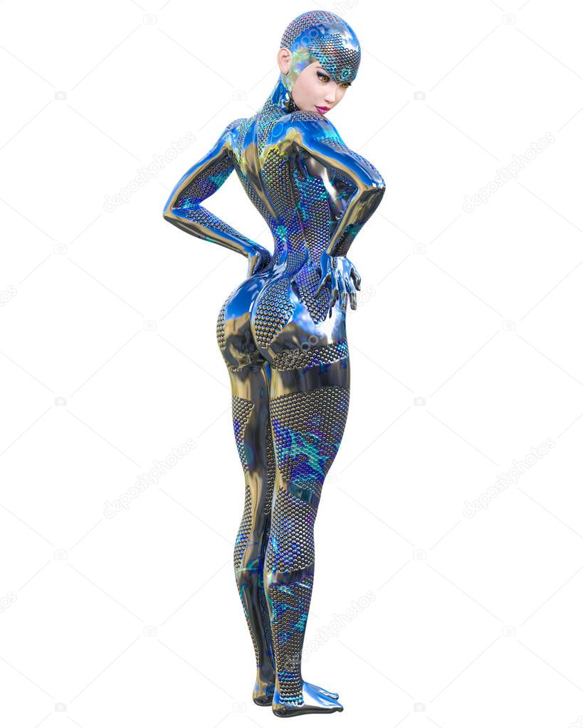 Cyborg Woman futuristic metallic neon suit.