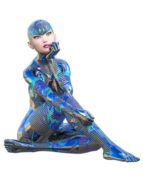 Кіборг жінка футуристичний металевий неоновий костюм. — стокове фото