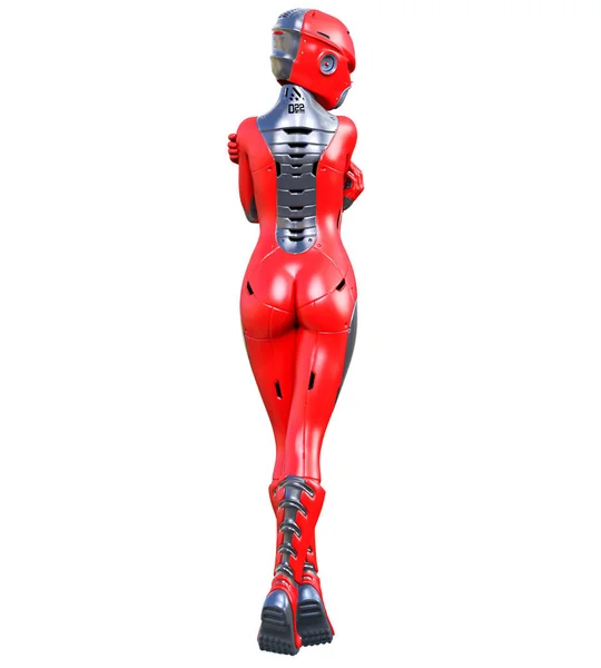Robot kobieta. Czerwony matowy metalowy Droid. Sztuczna inteligencja. — Zdjęcie stockowe