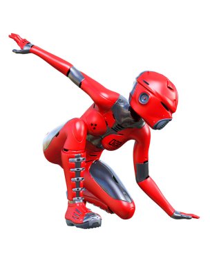 Robot kadın. Kırmızı mat metal droid. Yapay Zeka.